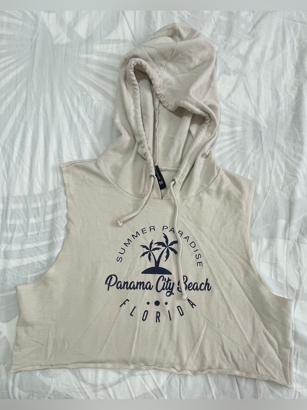 Cropped Sleeveless Hoodie - Cream Panama City Beach Graphic